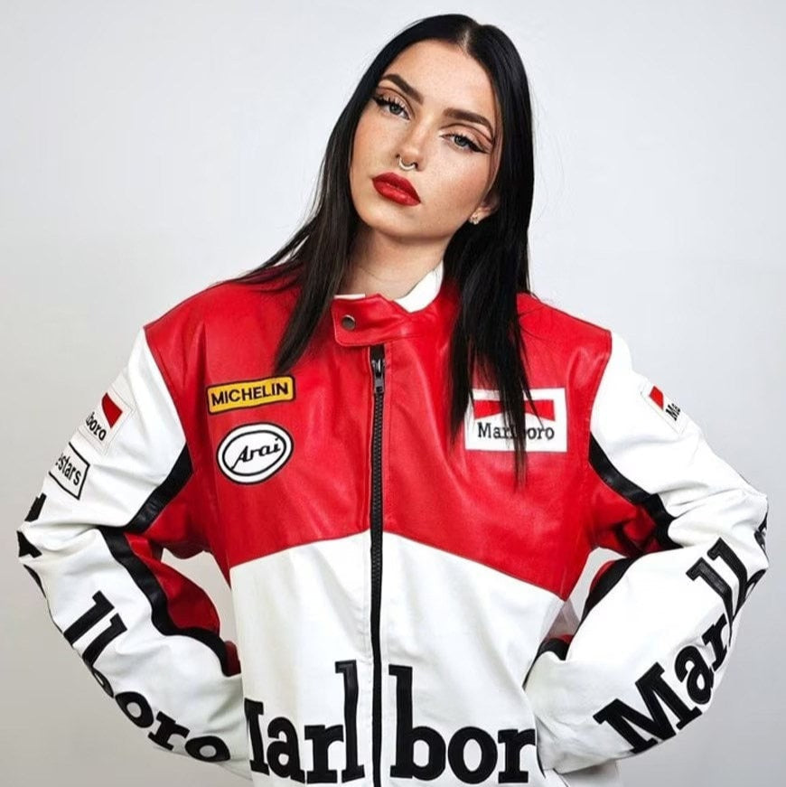 White Marlboro Leather Racing Jacket