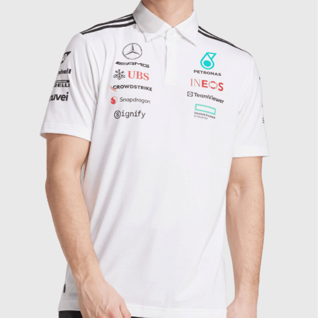 Mercedes AMG Petronas adidas F1 2025 Team Polo - White | Formula One Polo Shirt | Sportcify |