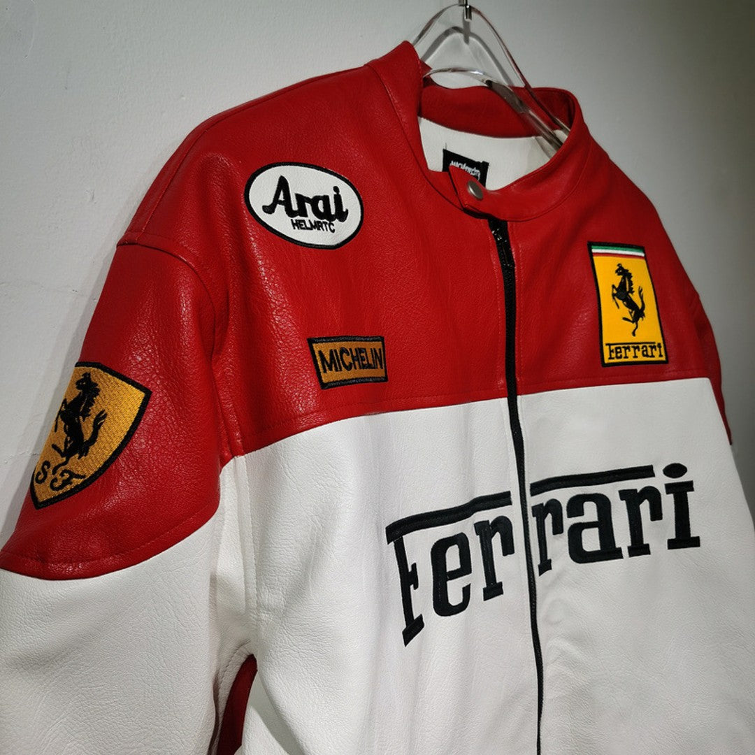 White Formula 1 Ferrari Leather Racing Jacket