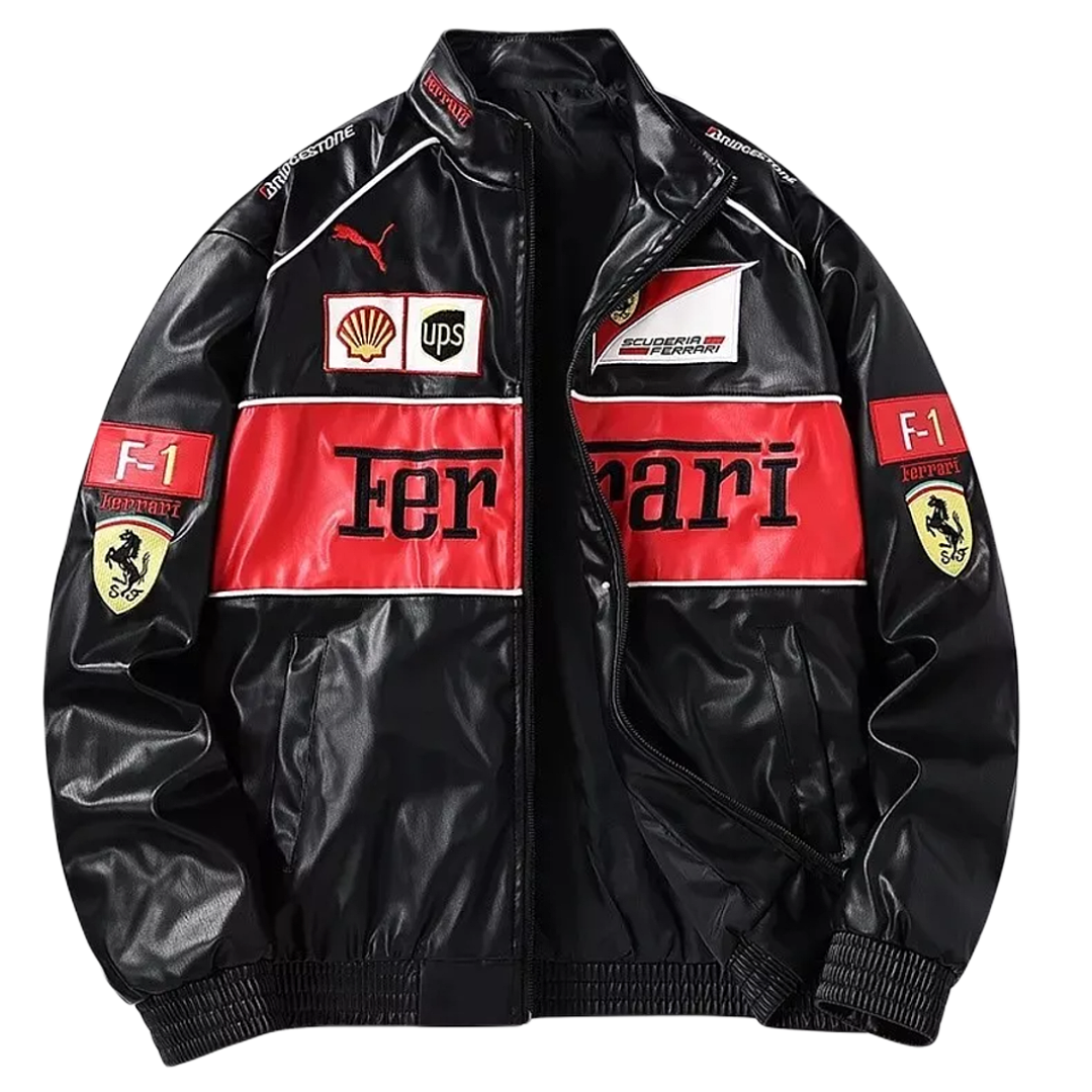 Black Ferrari Formula 1 Vintage Leather Jacket - Red Logo