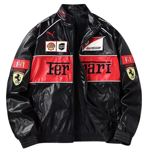 Black Ferrari Formula 1 Vintage Leather Jacket - Red Logo