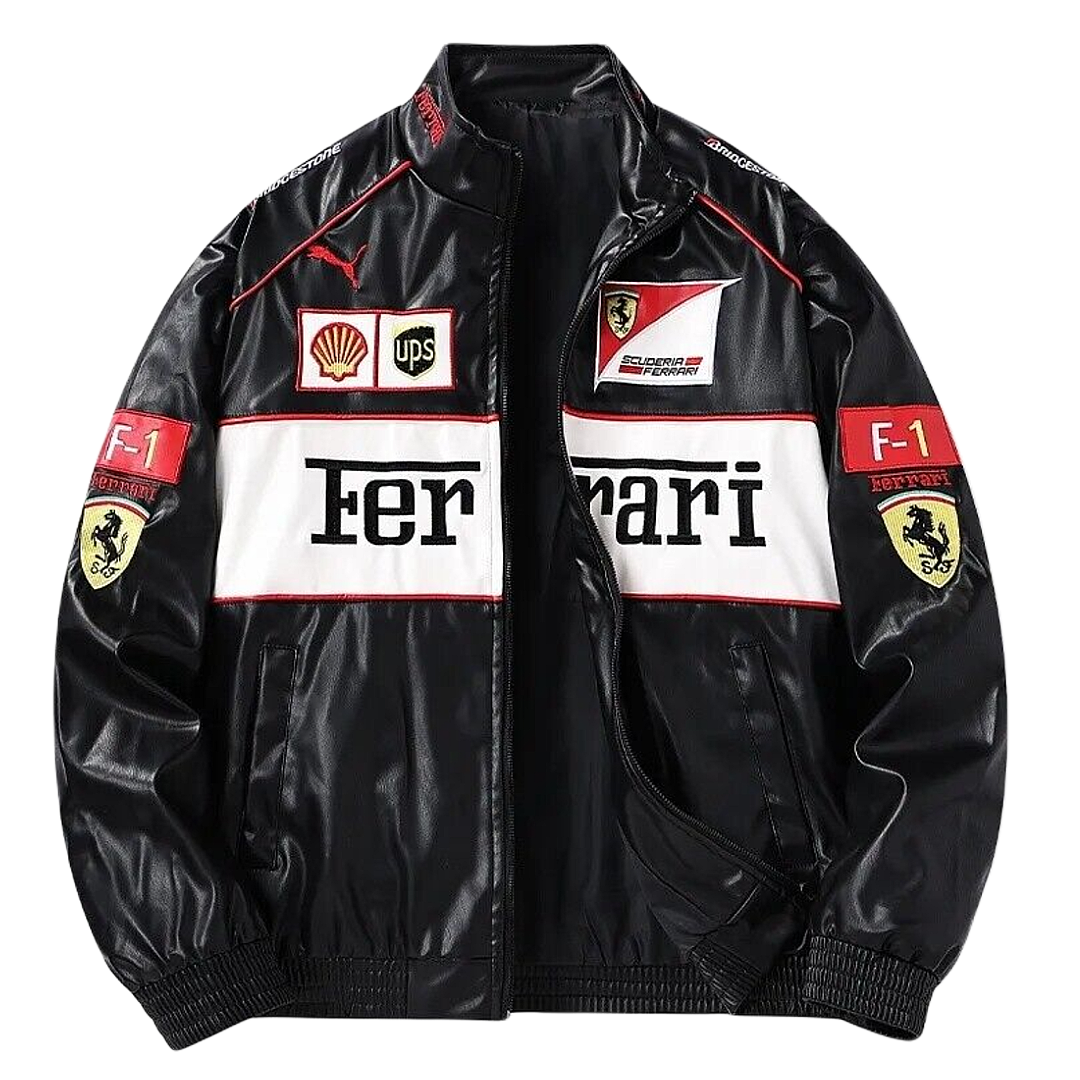 Black Ferrari Formula 1 Vintage Leather Jacket - White Logo