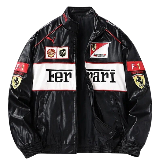 Black Ferrari Formula 1 Vintage Leather Jacket - White Logo