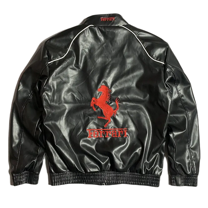 Black Ferrari Formula 1 Vintage Leather Jacket - Red Logo