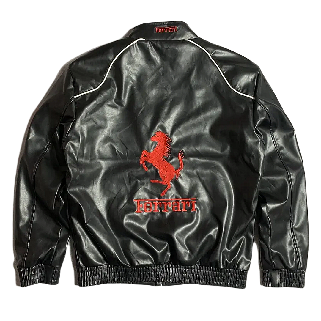 Black Ferrari Formula 1 Vintage Leather Jacket - White Logo