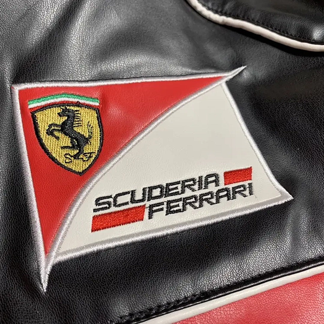 Black Ferrari Formula 1 Vintage Leather Jacket - White Logo