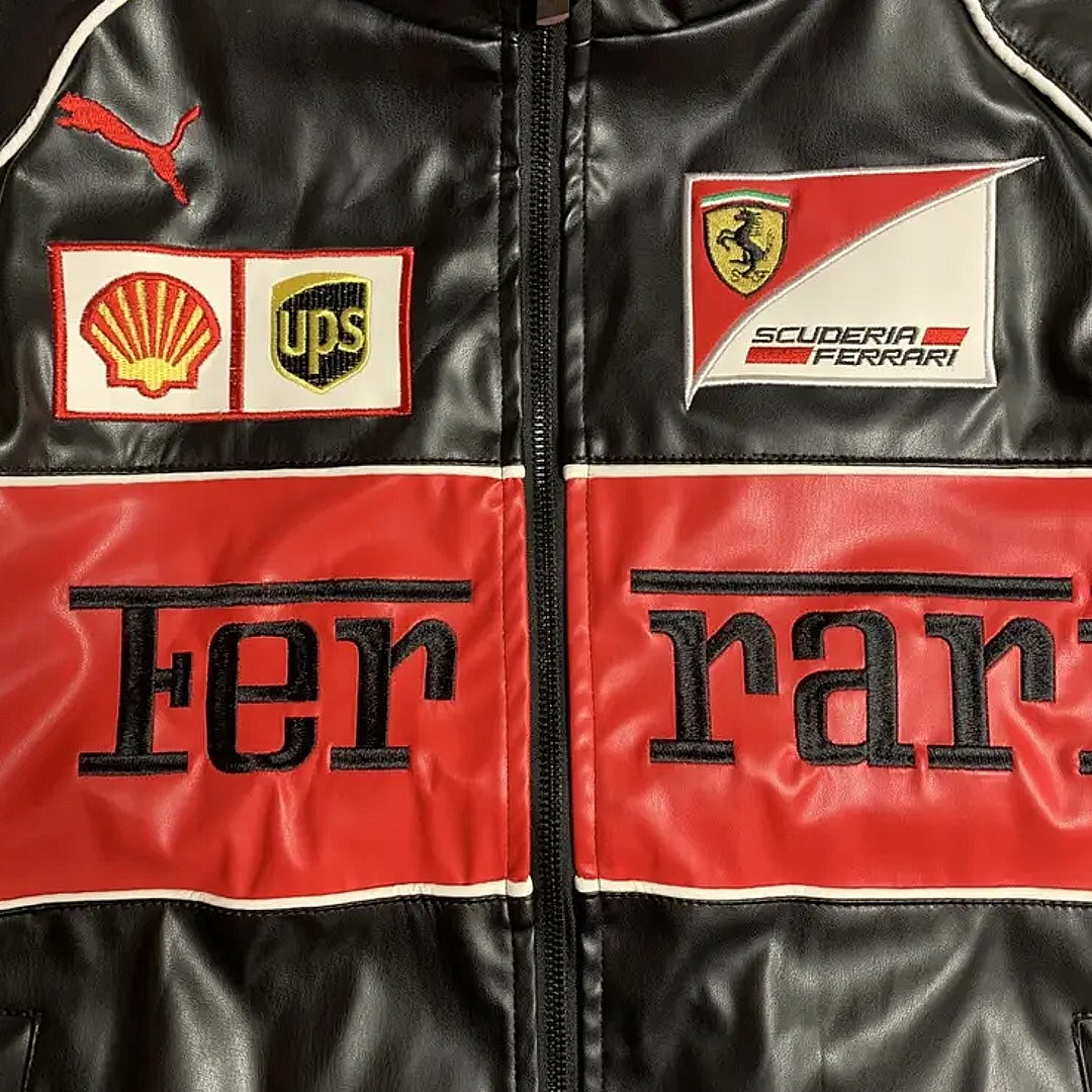 Black Ferrari Formula 1 Vintage Leather Jacket - Red Logo