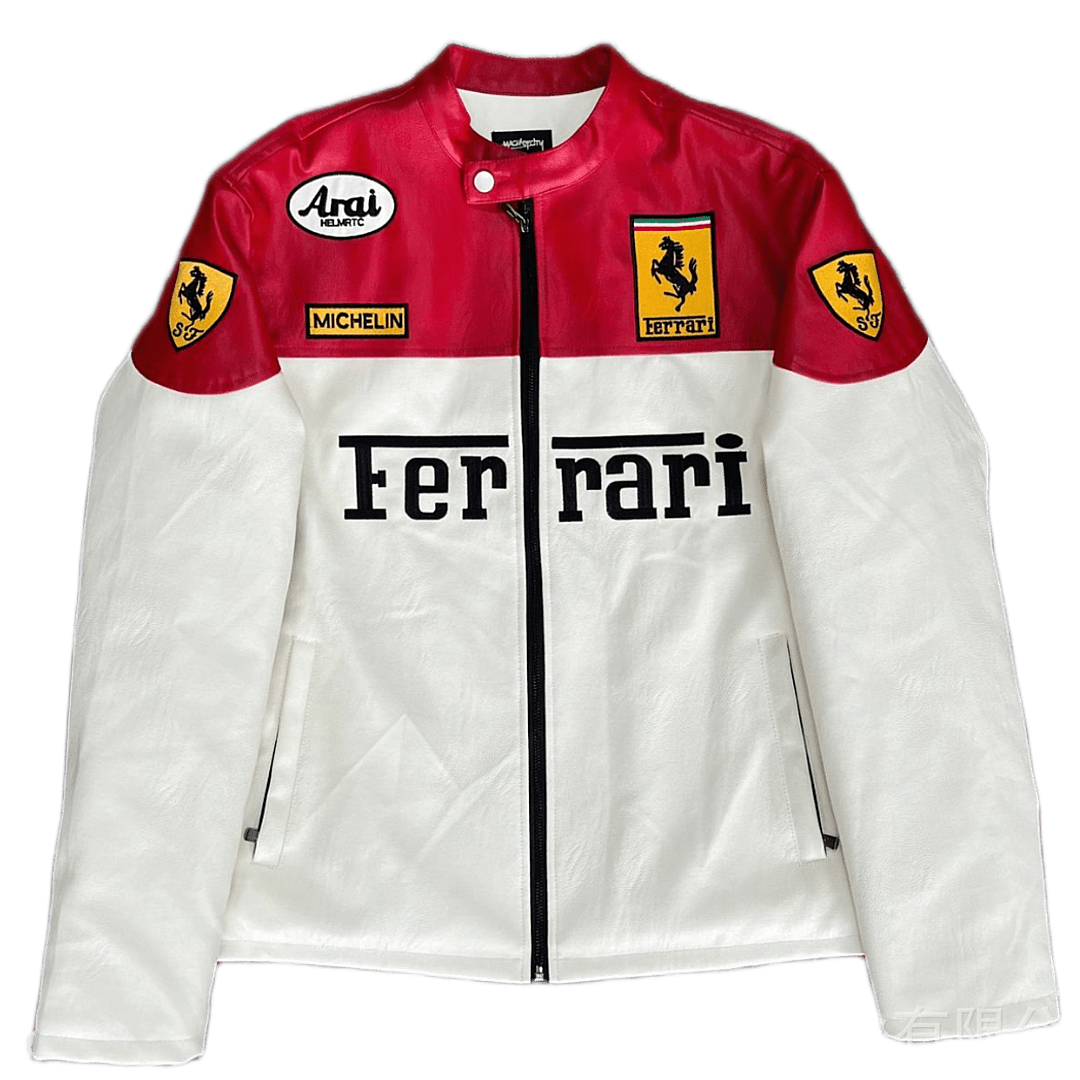 White Formula 1 Ferrari Leather Racing Jacket | Sportcify