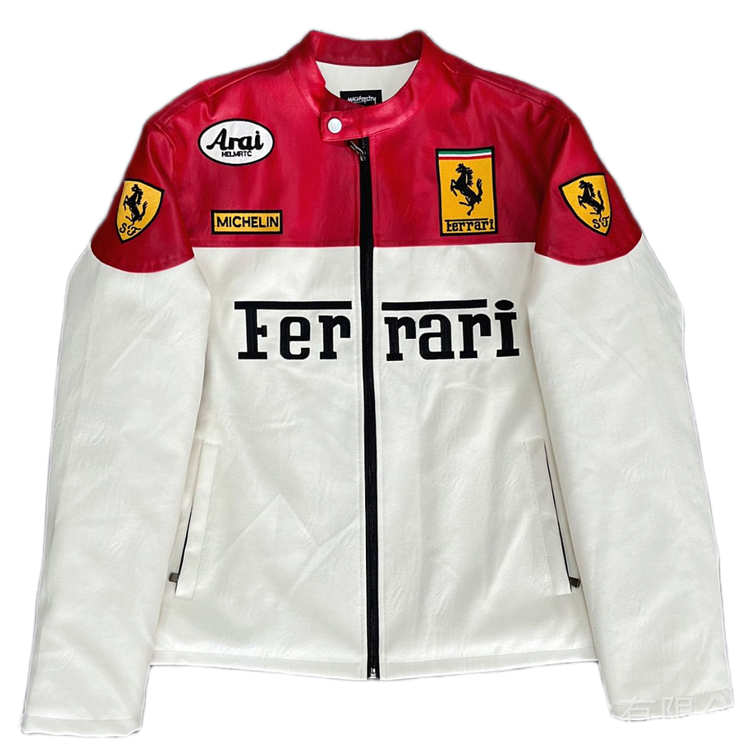 White Formula 1 Ferrari Leather Racing Jacket