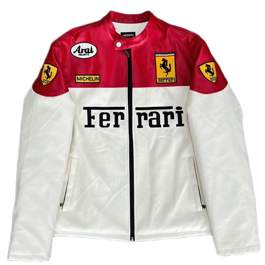 White Formula 1 Ferrari Leather Racing Jacket