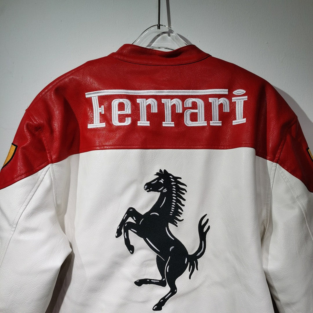 White Formula 1 Ferrari Leather Racing Jacket