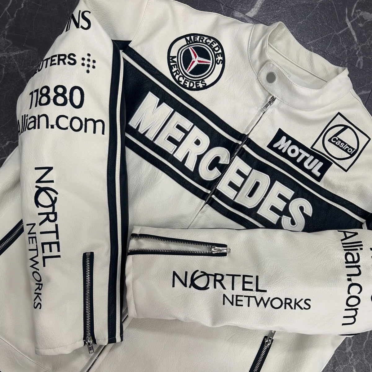 White Mercedes Leather Racing Jacket